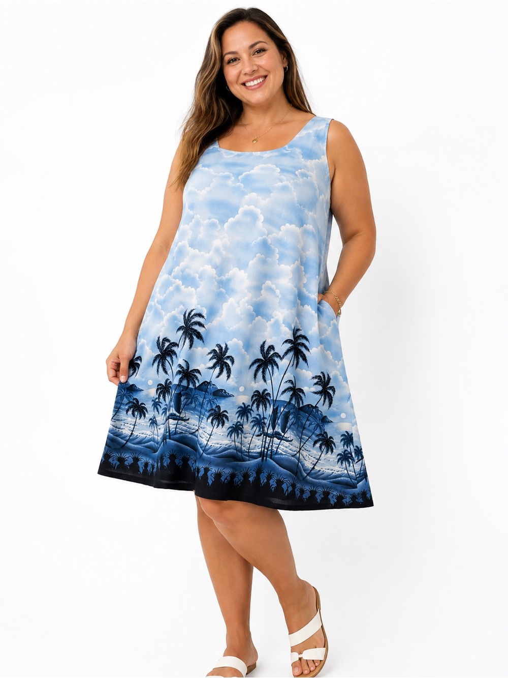 Sharon Marie Hawaii Dress 3X Blue Tropical Palm Tree Cloud Print Cotton NWT